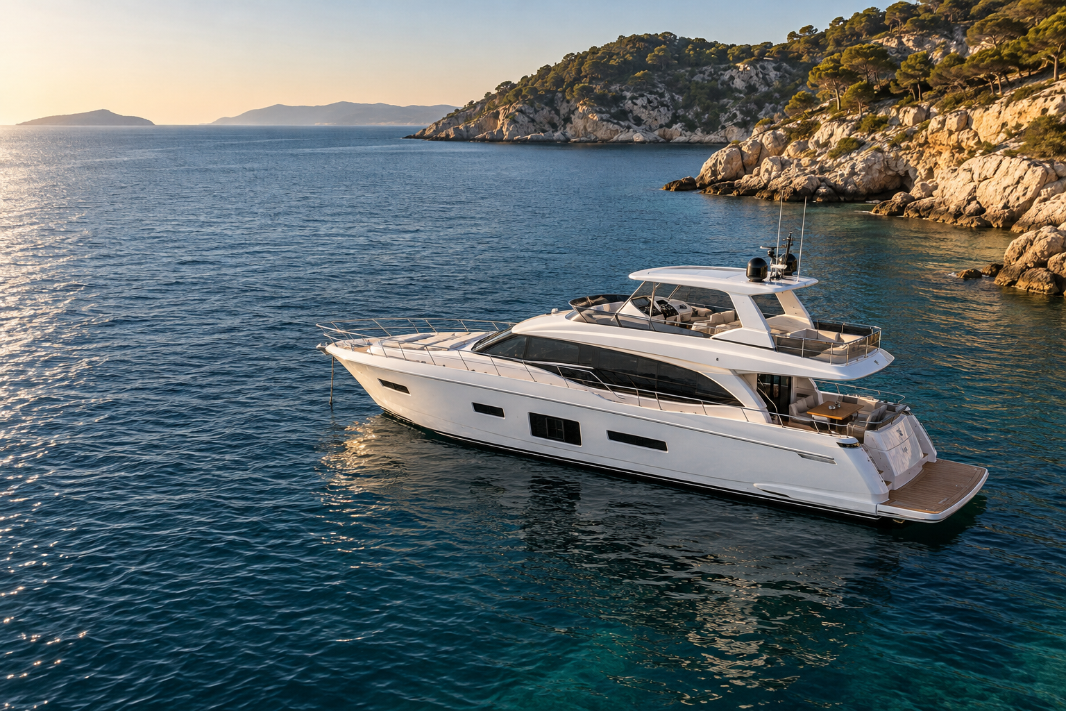 A white yacht at anchor in a sunlit coastal bay
