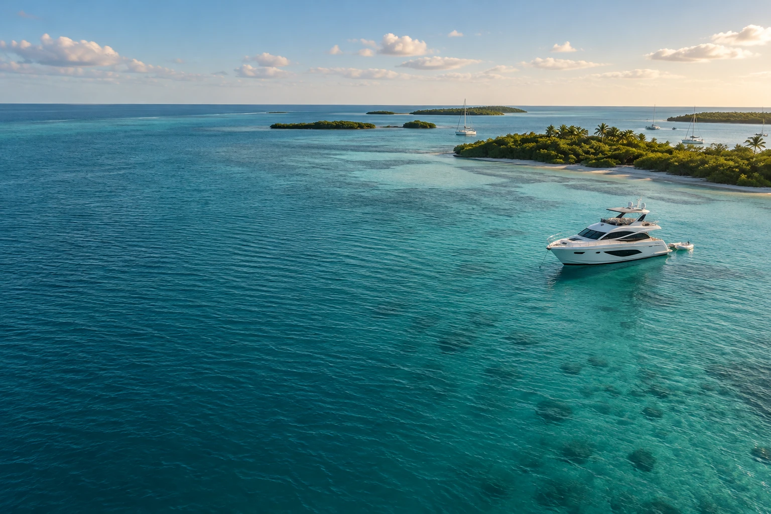 A yacht beside a low mangrove island in clear coastal water