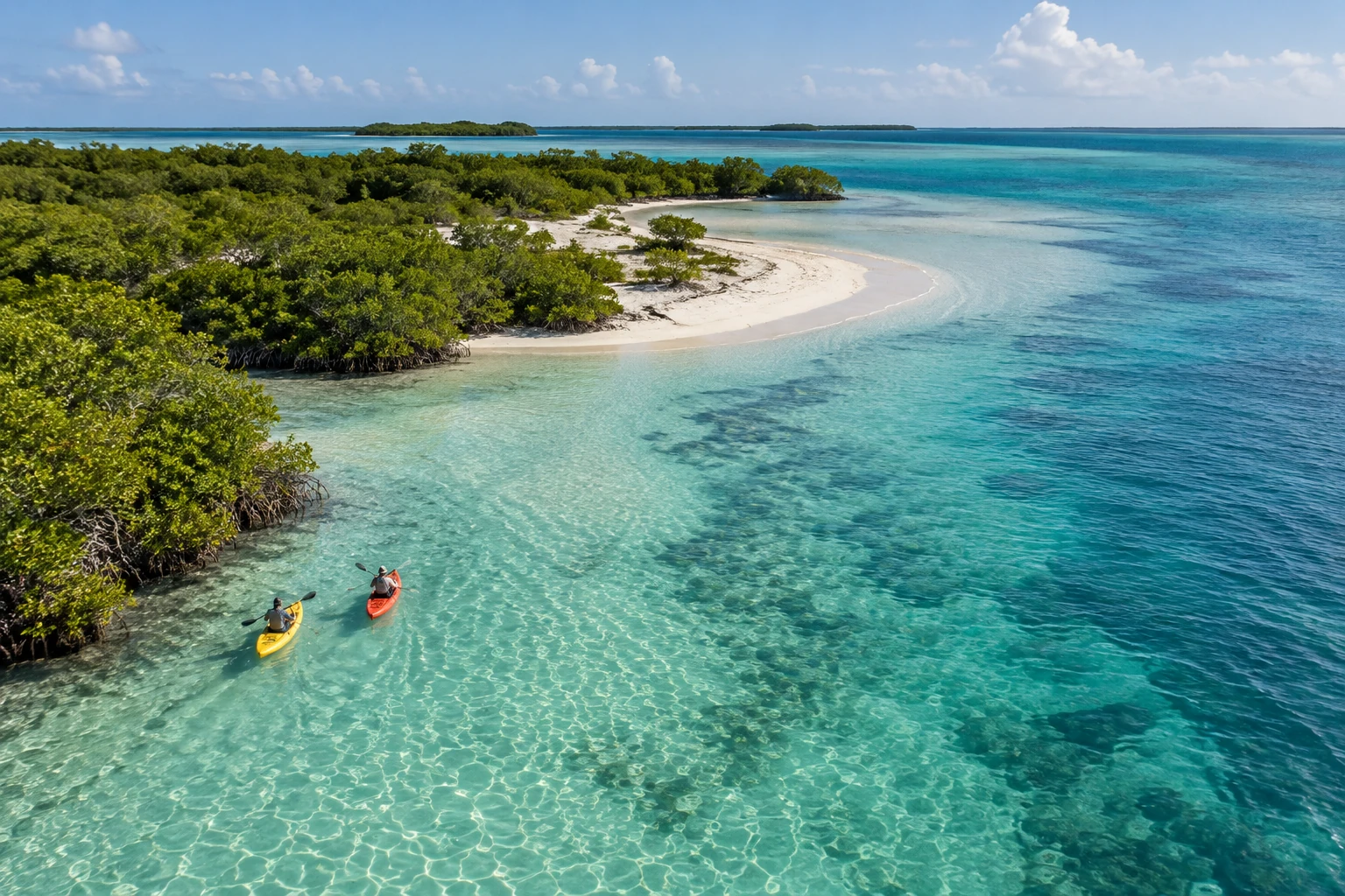 Two kayaks crossing clear shallow water beside a low mangrove island