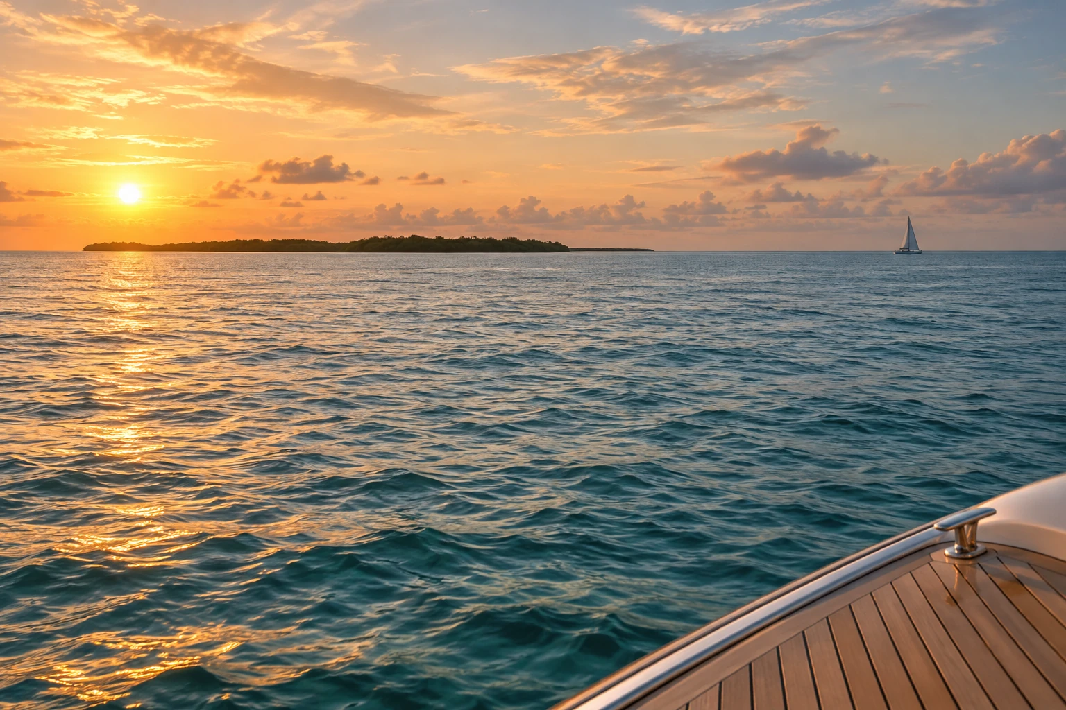 A calm sunset over open water and a low island